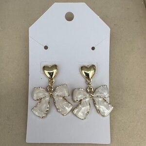 Gold and White Heart Bow Earrings